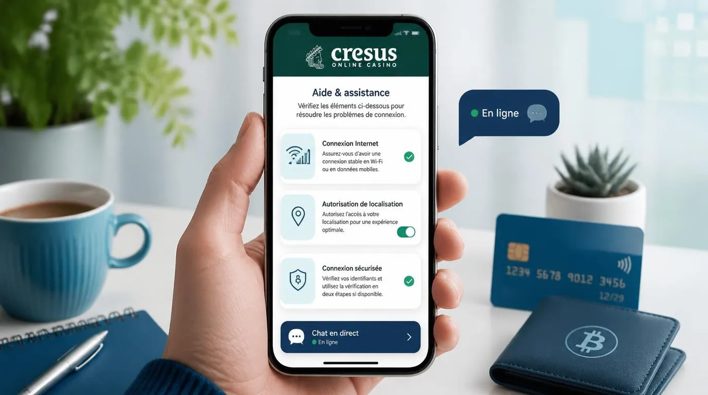 Smartphone affichant une aide de connexion et des réglages de localisation pour un casino mobile