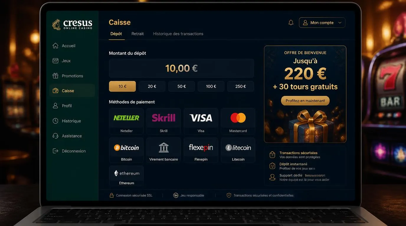Écran de caisse de casino avec dépôt de 10 € et choix de méthodes de paiement