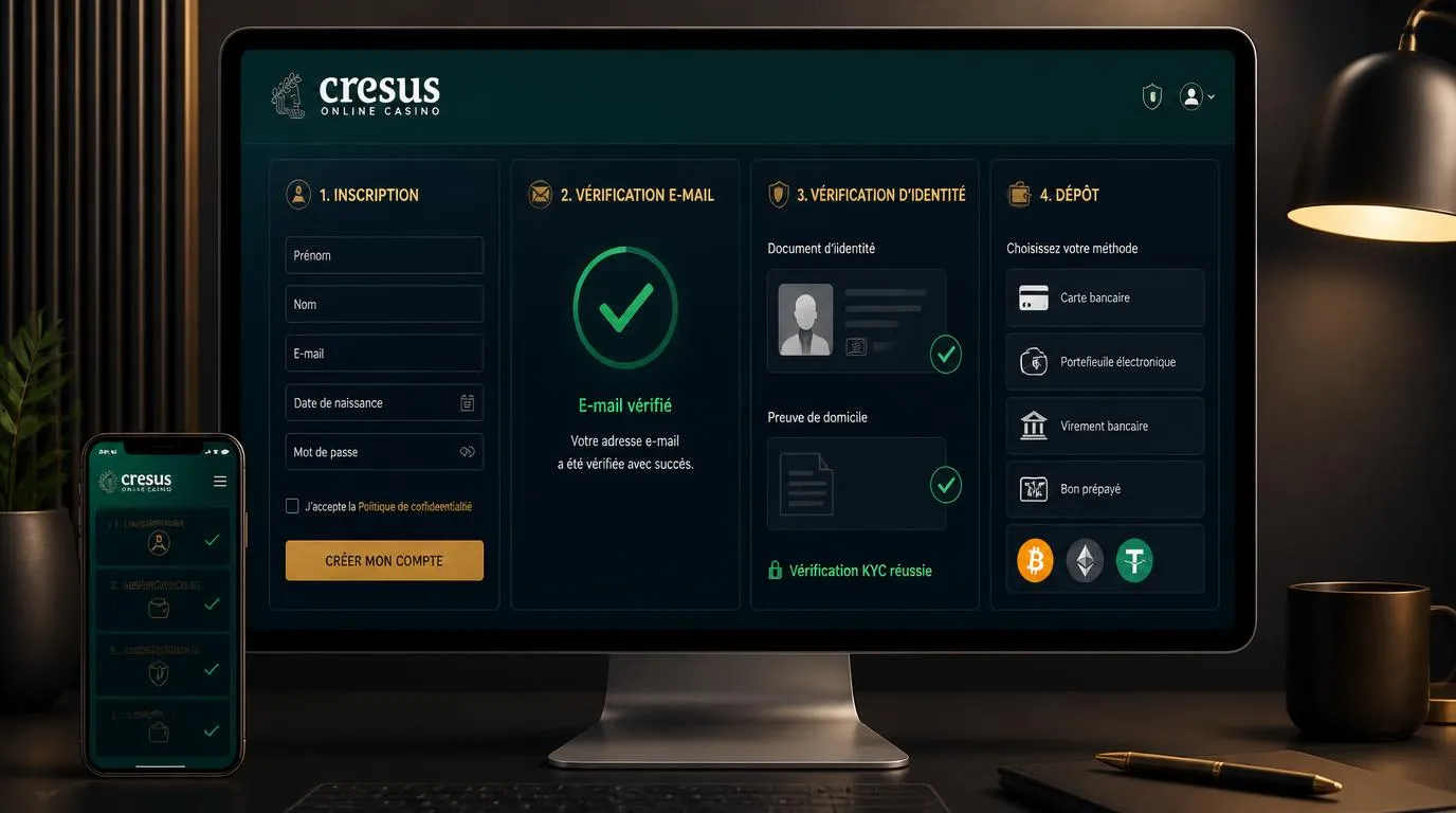 Écran de casino en ligne avec formulaire d’inscription, vérification d’identité et choix de paiement