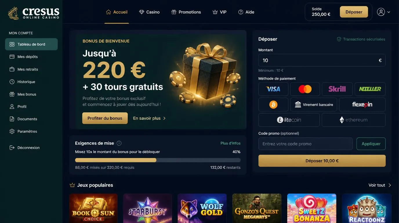 Interface de casino affichant un bonus de dépôt, un code promotionnel et la progression de mise