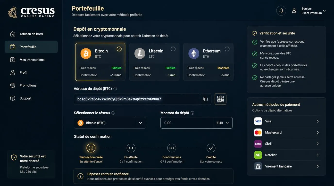 Interface de dépôt crypto avec choix Bitcoin, Litecoin et Ethereum, adresse de portefeuille et validation réseau