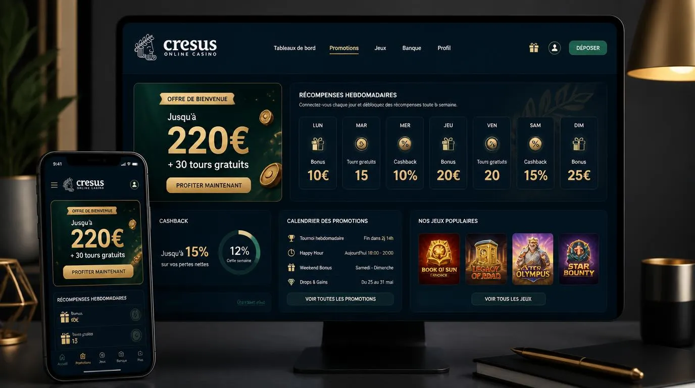 Interface de casino affichant une offre de bienvenue, des tours gratuits et des récompenses hebdomadaires
