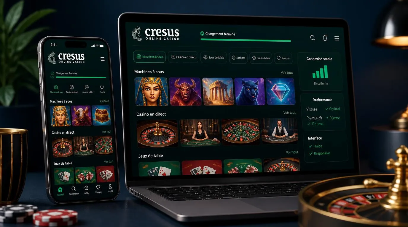 Interface de casino sur smartphone et ordinateur avec machines à sous et jeux de table chargés rapidement
