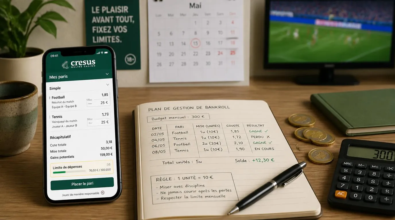 Carnet de budget, téléphone affichant des paris sportifs et pièces rangées par unités de mise