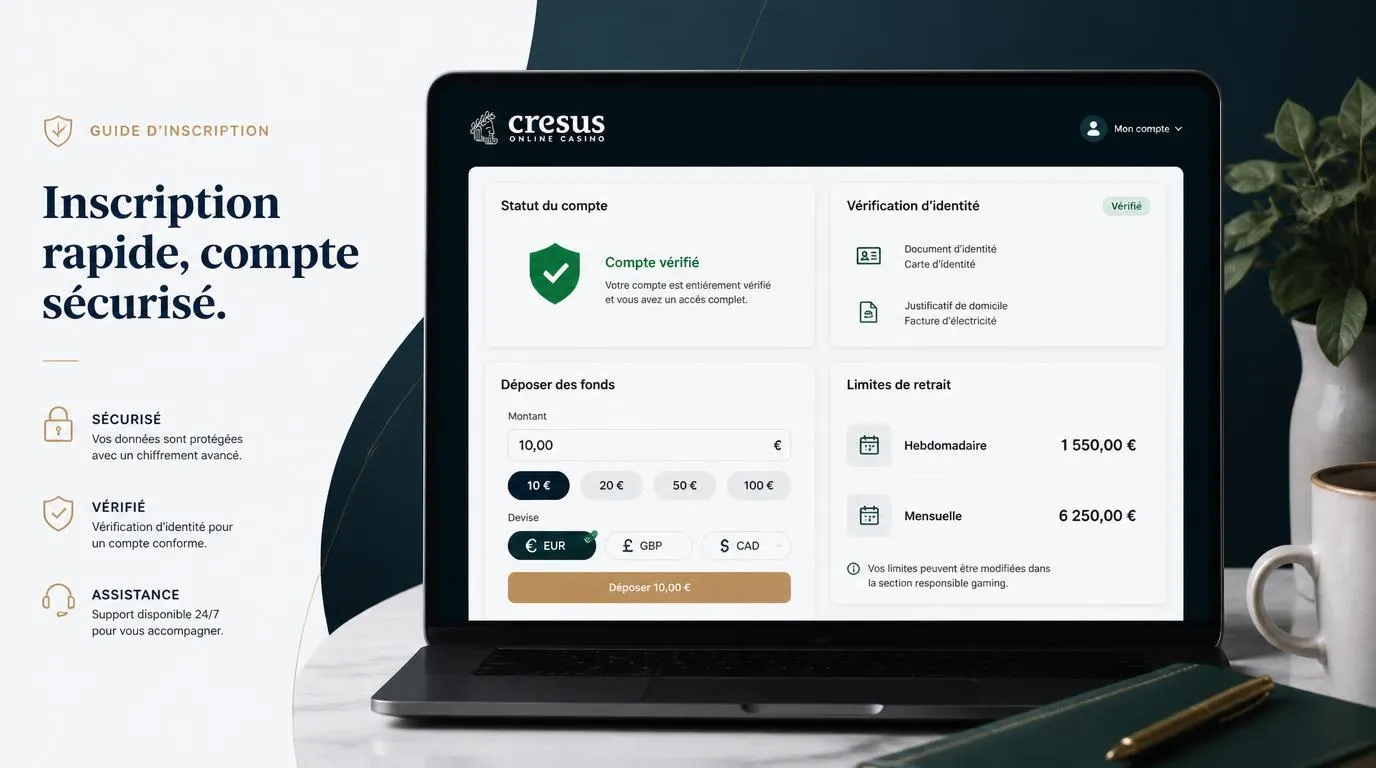 Formulaire d’inscription de casino avec vérification d’identité, dépôt minimum et limites de retrait en euros