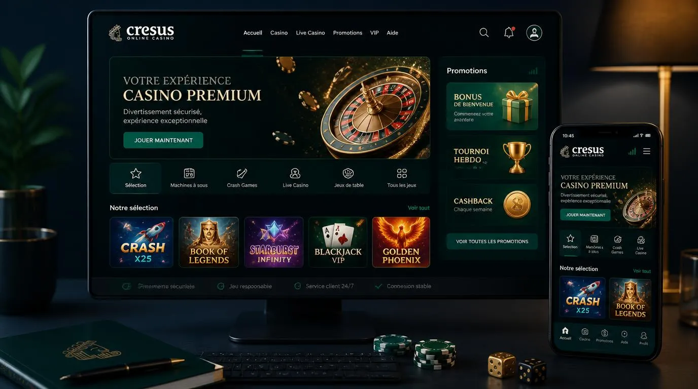 Interface de casino en ligne premium avec catalogue de jeux et espace promotions sur écran moderne
