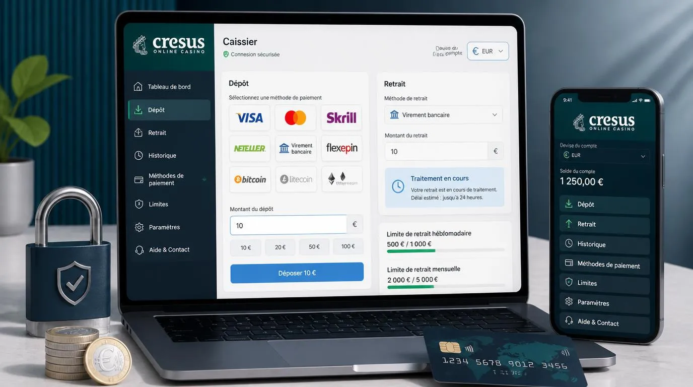 Interface de caisse de casino en euros avec cartes, portefeuille électronique et options de retrait
