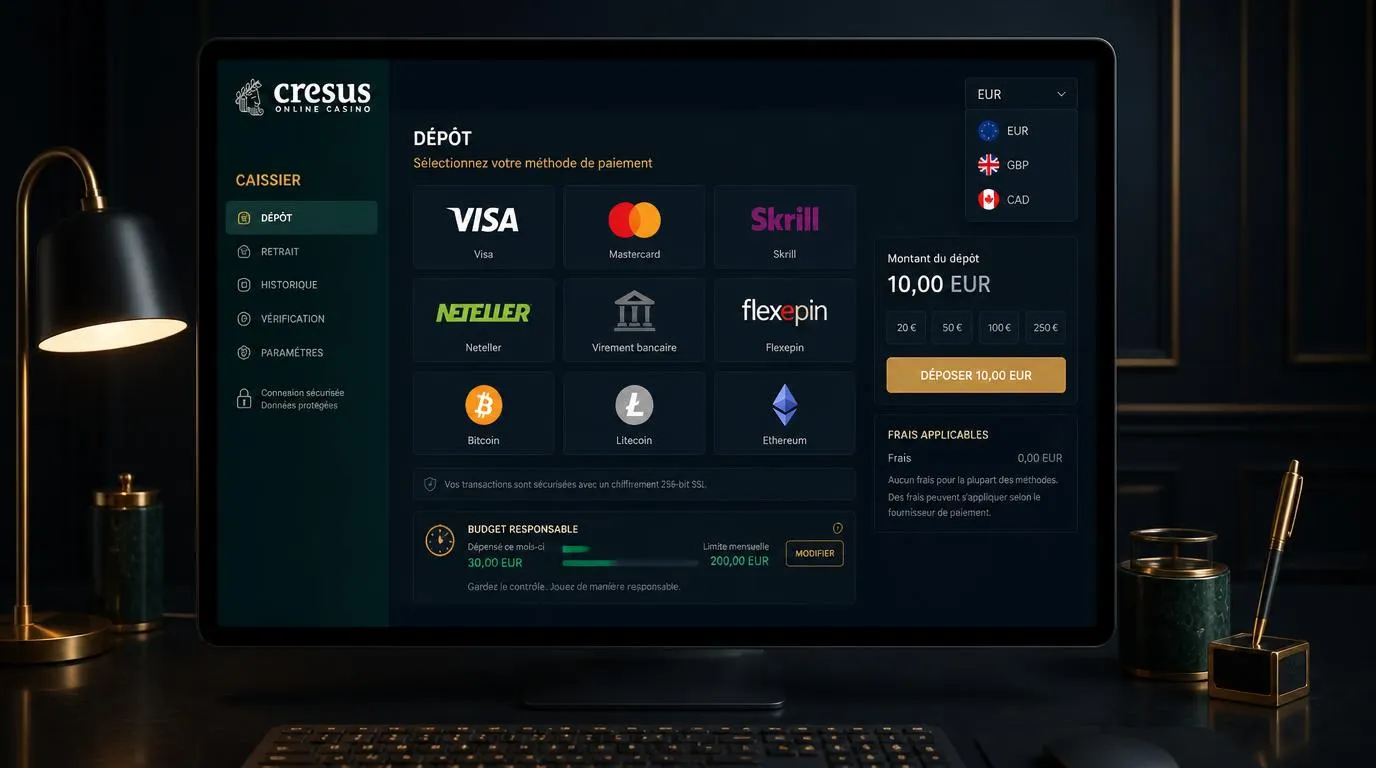 Interface de dépôt de casino affichant 10 €, cartes, portefeuilles électroniques et cryptomonnaies
