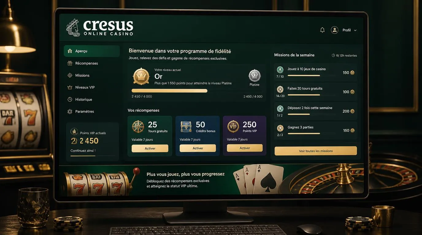 Interface de casino avec missions hebdomadaires, tours gratuits, bonus et progression VIP
